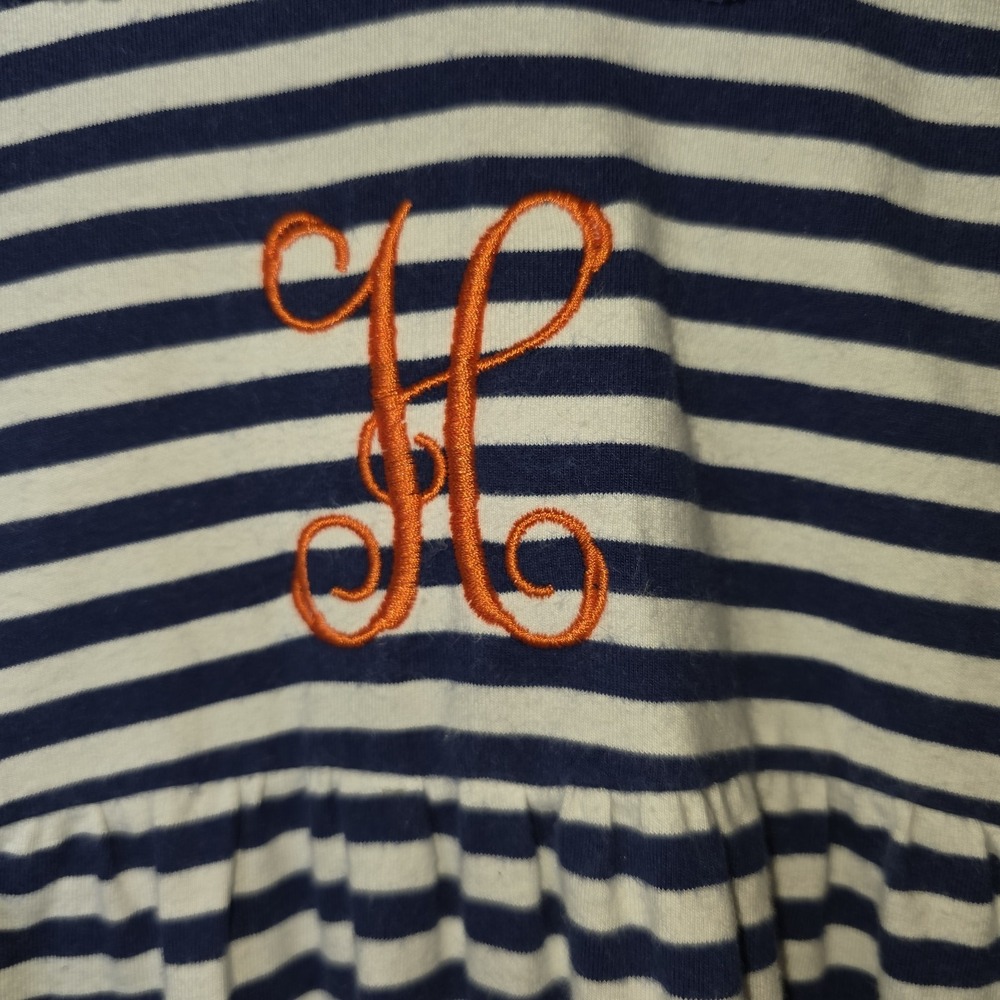 Emma Blake Smocks Size 9 Mo Blue & White Striped Romper, Orange Embroidered "H" - Picture 2 of 10